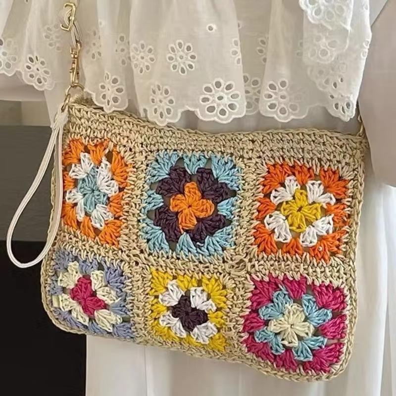 Summer Handmade Hook Retro Flower Crossbody Women's Bag Single Shoulder Paper Rope Crochet Bag Flip Ethnic Style Handbag