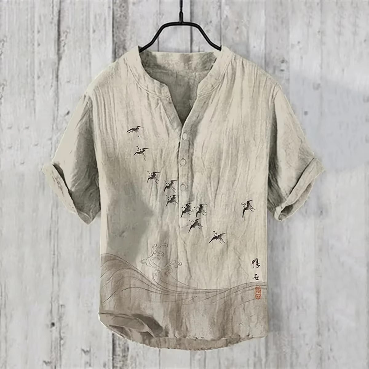 Fashion Men's Retro Line Shirt Men's Vacation Short Sleeve Shirt Loose Street Hip Hop Beach Casual Shirt 100% Line