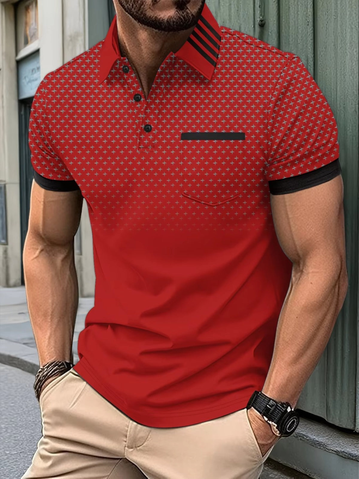 New lucky four-pointed star pattern 3D line printed pocket lapel short-sleeved summer men's casual POLO shirt