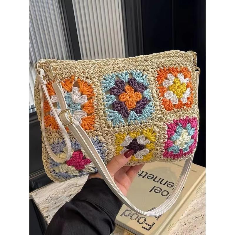 Summer Handmade Hook Retro Flower Crossbody Women's Bag Single Shoulder Paper Rope Crochet Bag Flip Ethnic Style Handbag