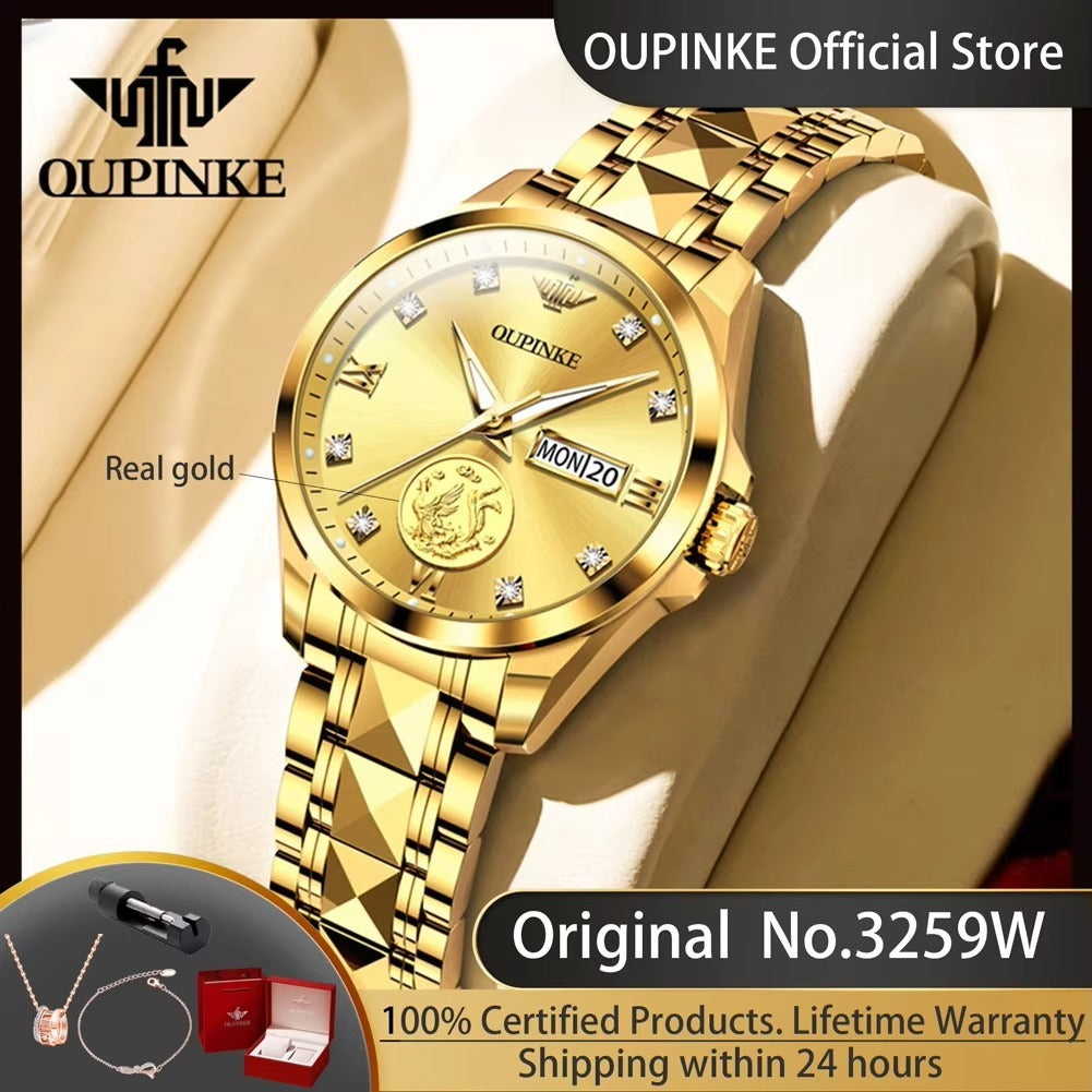OUPINKE 3259 Real Gold Automatic Mechanical Watch for Women Ladies Hand Clock Original Luxury Tungsten Steel Strap Watch Women