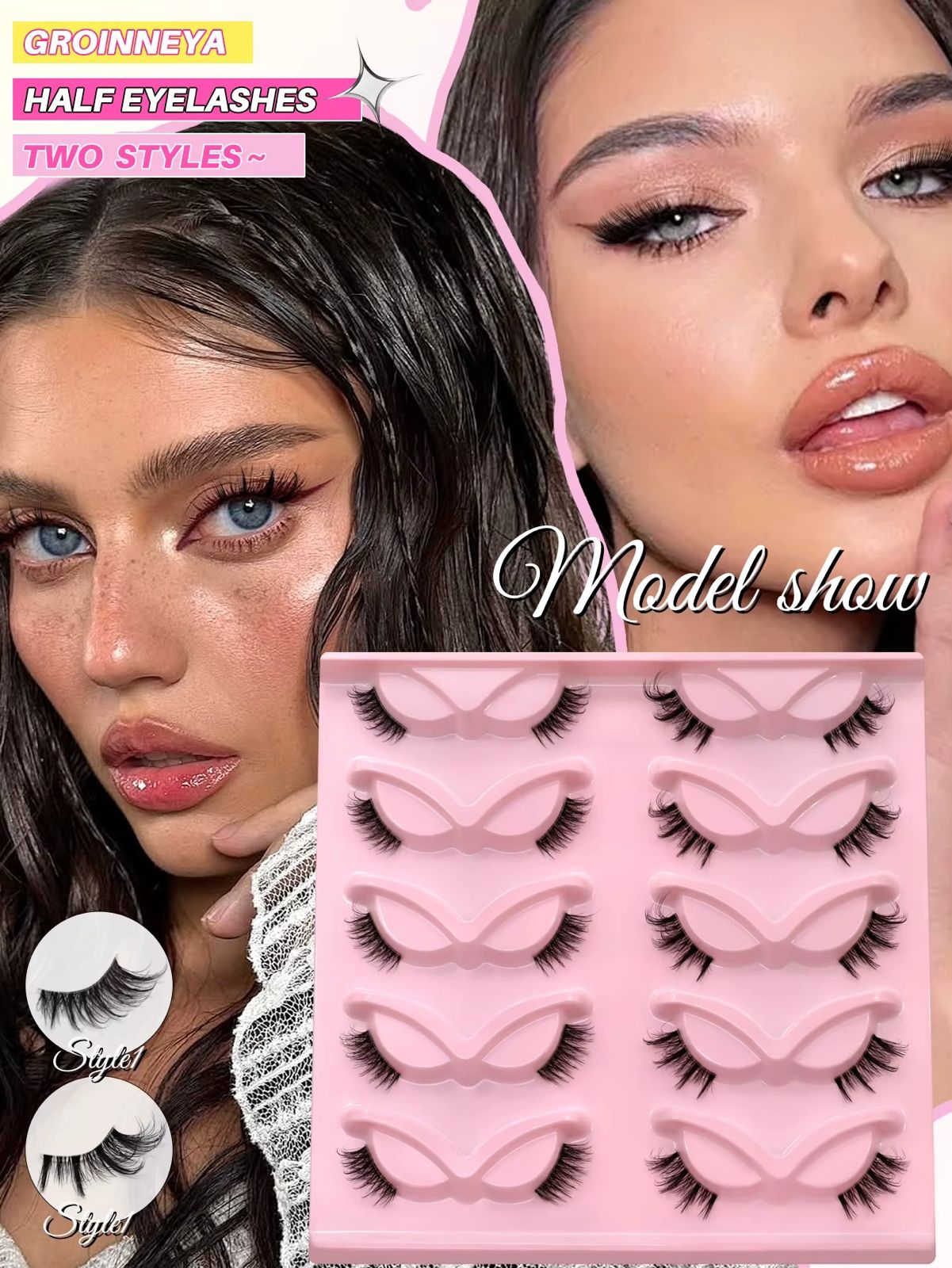 GROINNEYA Mixed Natural Cat Eyelashes Fluffy Half Eye Lashes Natural Long Clear Band Lashes 3D Faux Mink Lashes Extension Makeup