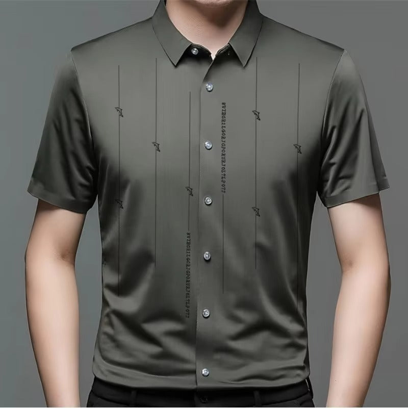 Summer New Shirts for Men Short Sleeve Turn-down Collar Traceless Printing Fashion Blouse Button Striped Casual Loose Slim Tops