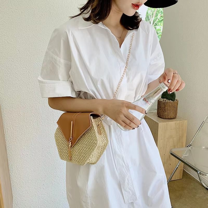 Hexagon Shape Straw PU Leather Handbag Women Summer Rattan Bag Handmade Woven Beach Bohemia Chain Strap Shoulder Crossbody Bags