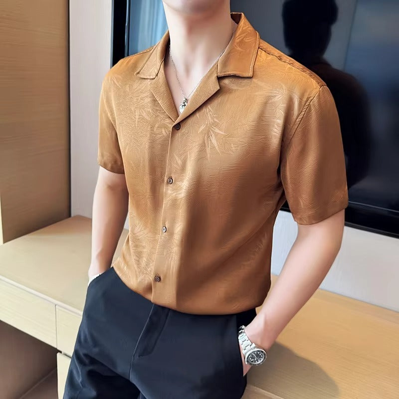 Summer Cuban Collar Personalized Jacquard Shirt for Men Thin Design Silky and Flowing Printed Short Sleeved Shirt 100% Polyester