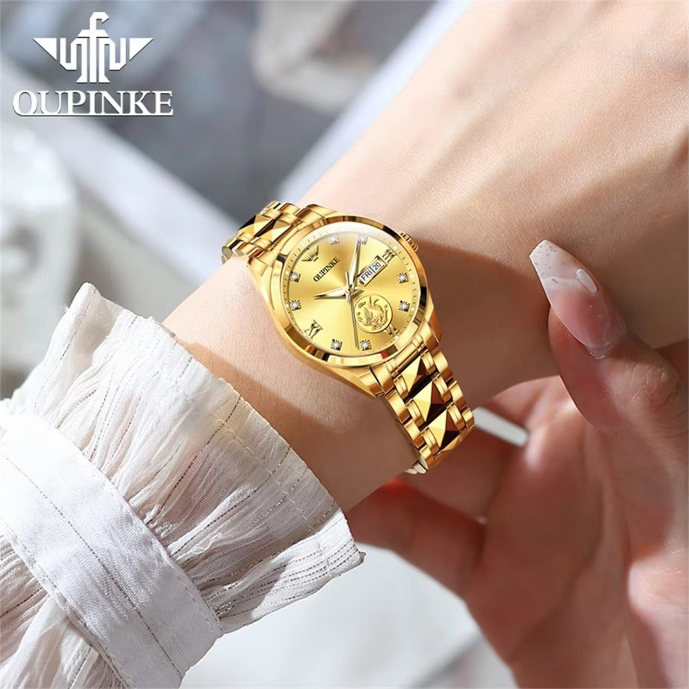 OUPINKE 3259 Real Gold Automatic Mechanical Watch for Women Ladies Hand Clock Original Luxury Tungsten Steel Strap Watch Women