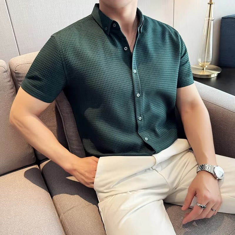 Men Waffle Shirt Short Sleeved 2024 Summer New Thin British Style Business Solid Casual Non Iron Slim Fit Shirt Men's Clothing