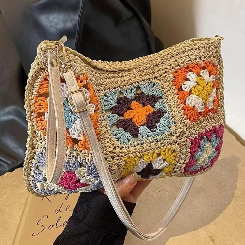 Summer Handmade Hook Retro Flower Crossbody Women's Bag Single Shoulder Paper Rope Crochet Bag Flip Ethnic Style Handbag