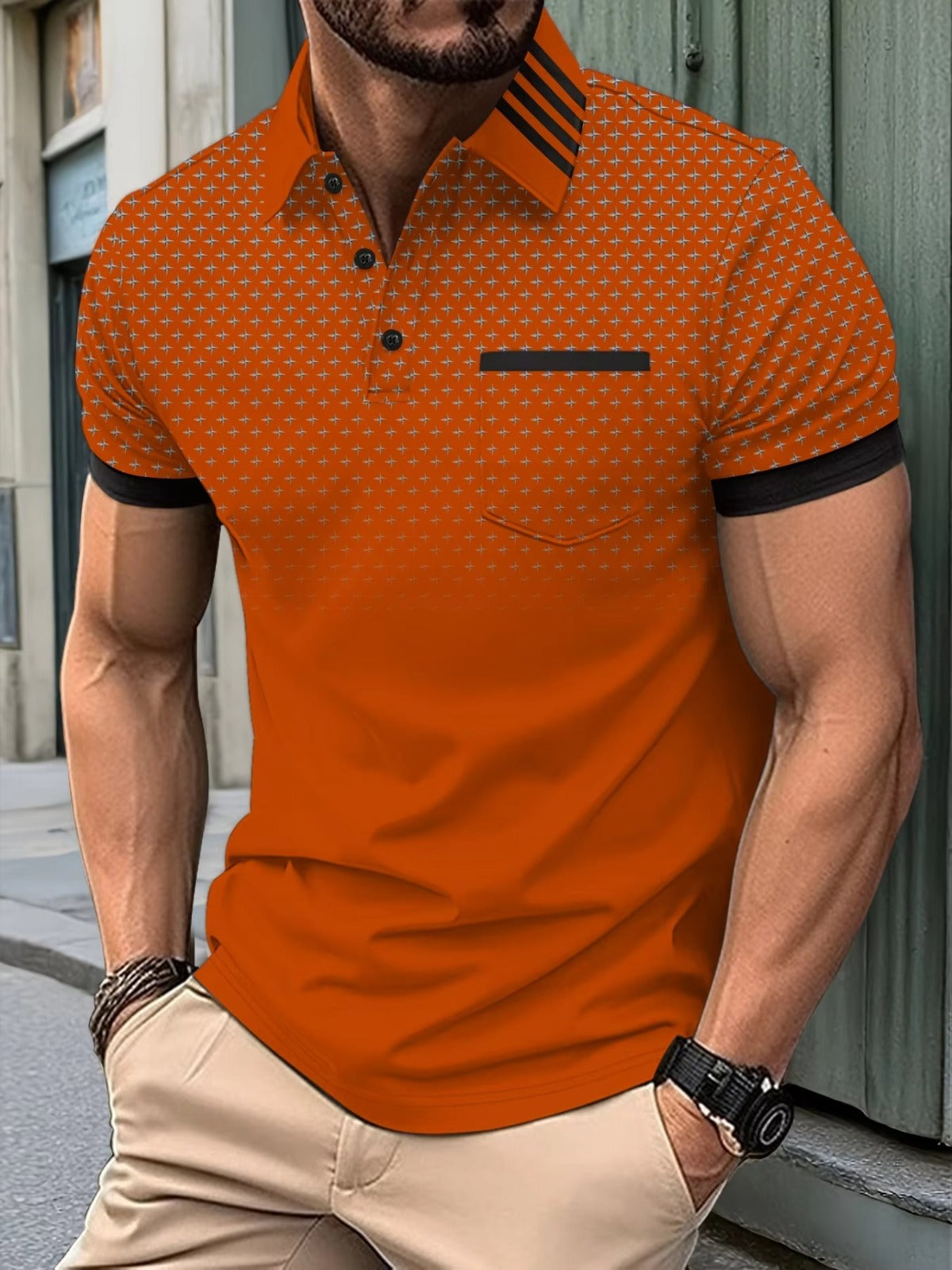 New lucky four-pointed star pattern 3D line printed pocket lapel short-sleeved summer men's casual POLO shirt