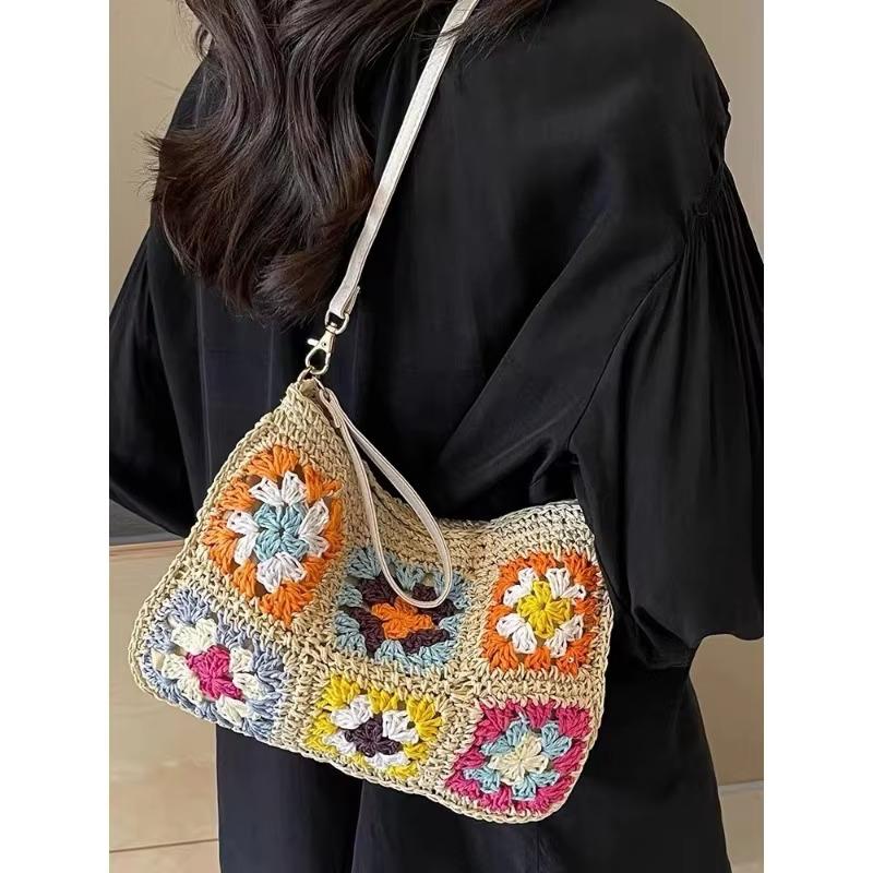 Summer Handmade Hook Retro Flower Crossbody Women's Bag Single Shoulder Paper Rope Crochet Bag Flip Ethnic Style Handbag