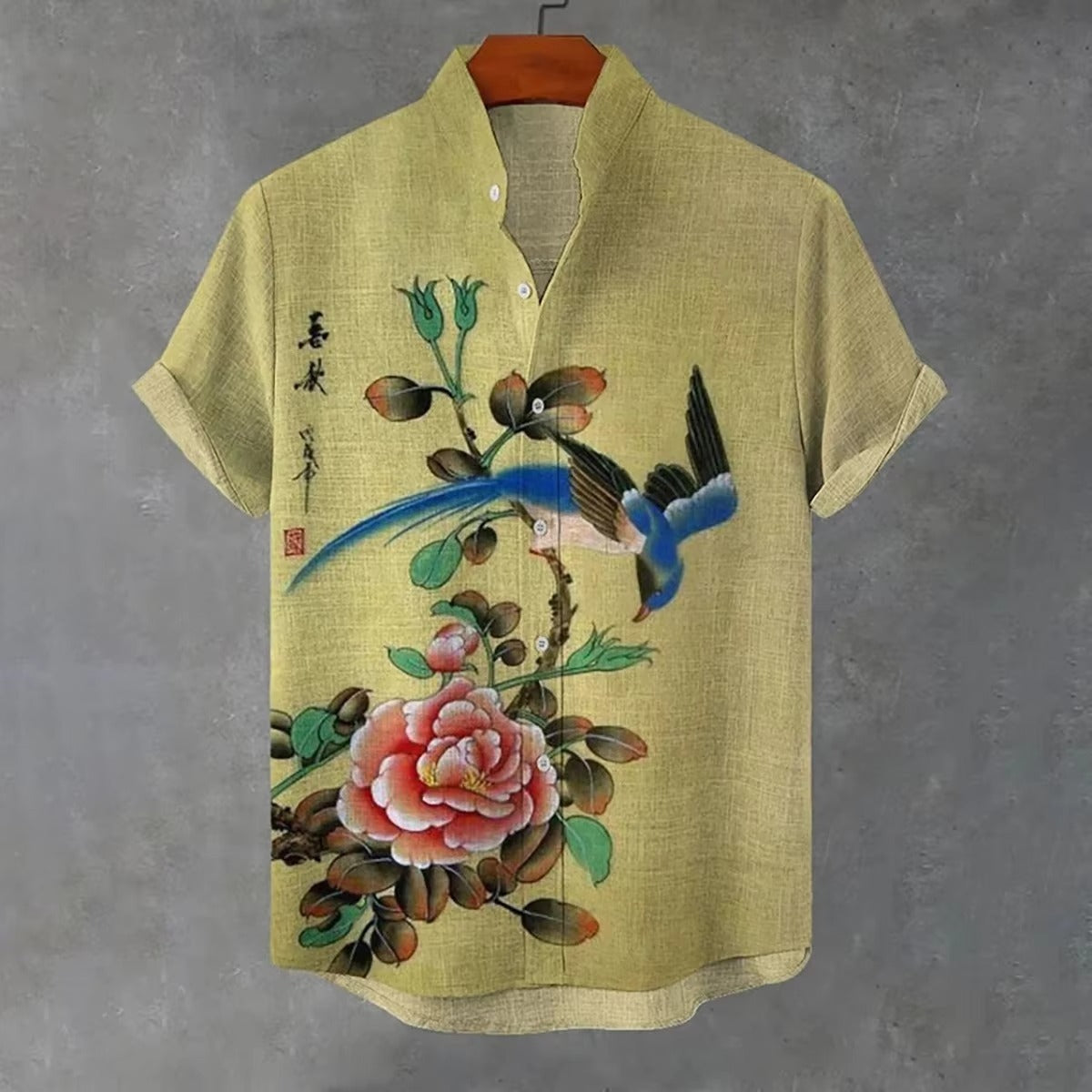 Men's linen tropical style 3D high definition printing casual Hawaiian shirt short-sleeved V-neck cardigan men's top extra large