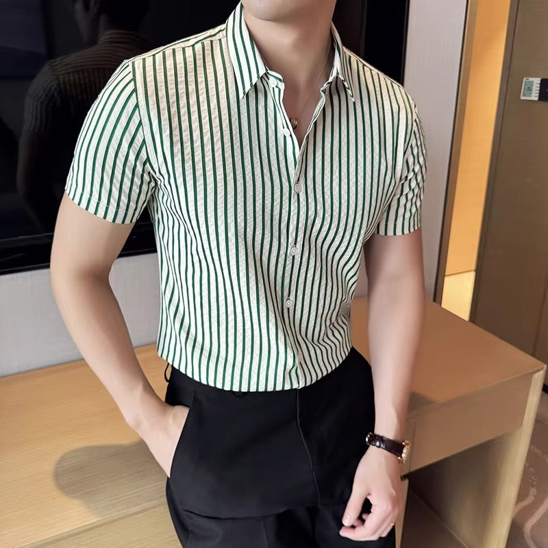 Men Striped Shirt 2024 Summer Light and Thin Breathable Sweat Absorbing Short Sleeved Slim Fit Casual Pleated Shirt Men clothing