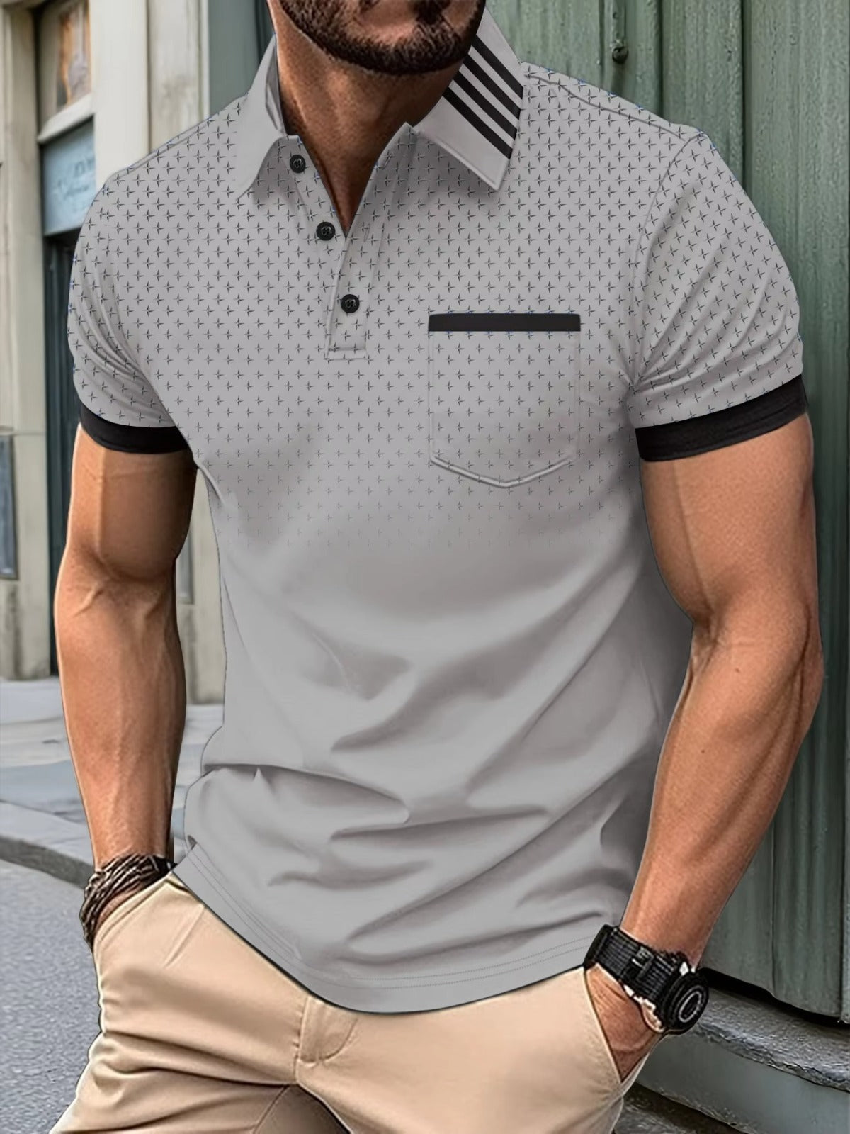 New lucky four-pointed star pattern 3D line printed pocket lapel short-sleeved summer men's casual POLO shirt