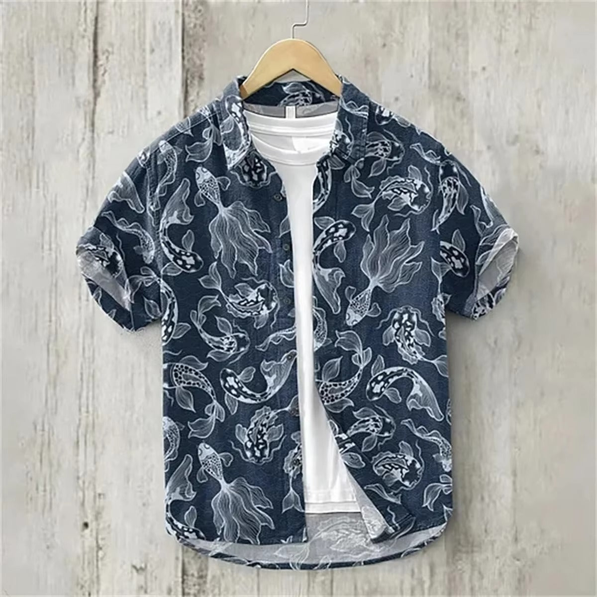 Men's linen shirt fish pattern fashionable casual Hawaiian men's linen shirt HD 100% linen short sleeve large size fast shipping