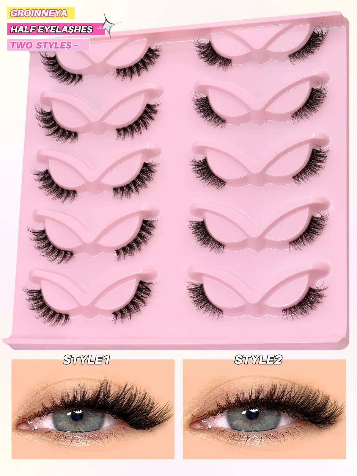 GROINNEYA Mixed Natural Cat Eyelashes Fluffy Half Eye Lashes Natural Long Clear Band Lashes 3D Faux Mink Lashes Extension Makeup