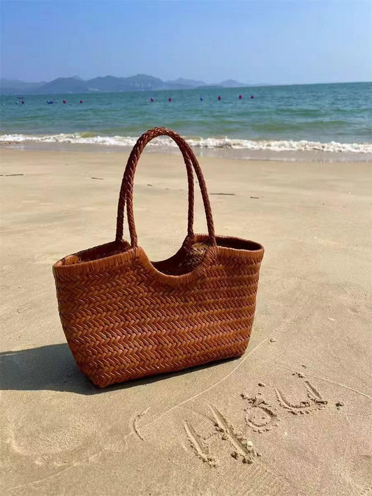 New Bag for Women's Spring and Summer French Retro Tote Bag Genuine Leather Braided Vegetable Basket Ins Style Irregular Shoulde