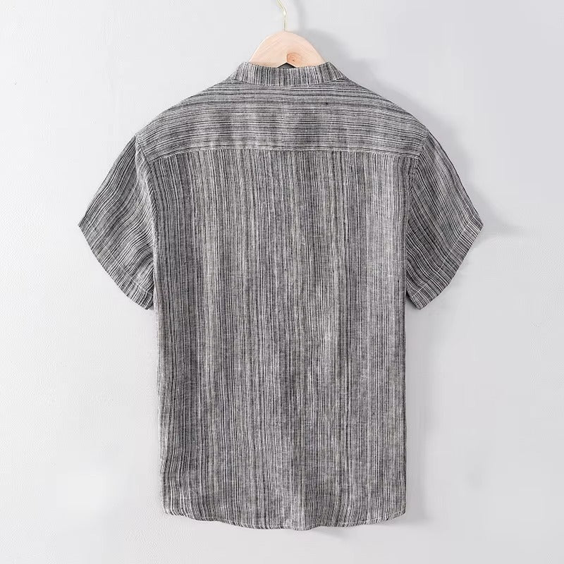 Men's Summer Linen Henley Neck T-Shirt Striped Retro Relaxed Fit Breathable Lightweight Short Sleeve Beach Vacation Shirt Man