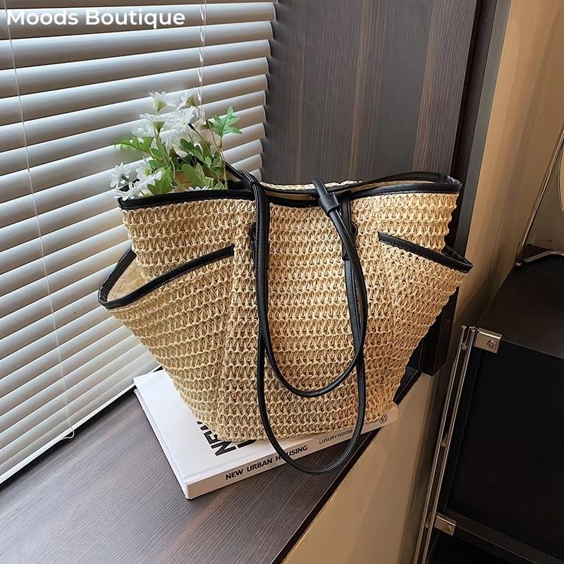 MOODS Straw Fabric Shoulder Tote Bags For Women 2024 Summer Beach Travelling Shopper Totes Big Capacity Designer Handbags Luxury