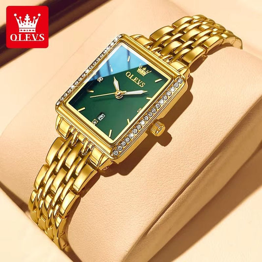 OLEVS 9995 Luxury Diamond Square Quartz Watch for Women Gold Stainless Steel Waterproof Luminous Top Elegant Ladies Wristwatches