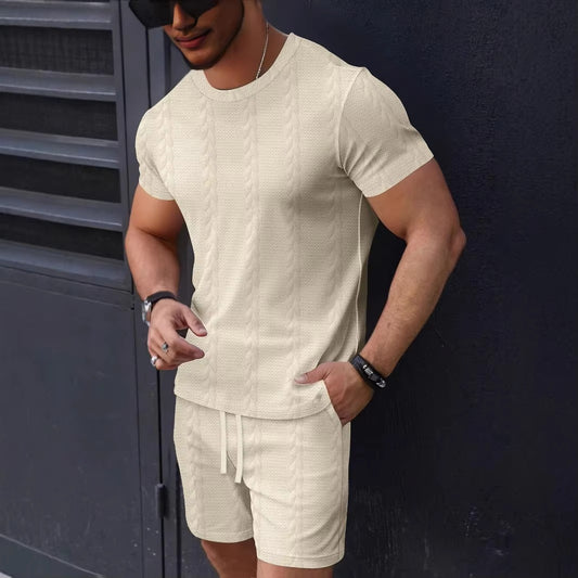 2025 Summer Fashion New Men's solid color jacquard set Casual round-neck short-sleeved drawstring Shorts two-piece setce set