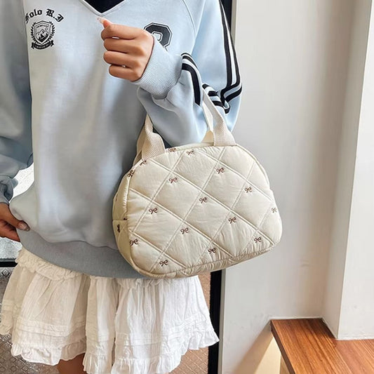 Stitching Embroidery Butterfly Knot Handbag Korean Style Soft Cotton Commuter Lunch Box Bag Student Handheld Bag Pouch