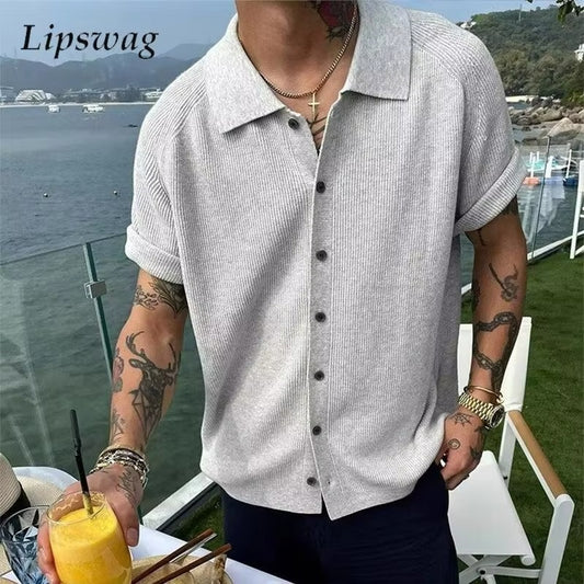 Vintage Solid Color Knitted Shirt Mens Summer Daily Casual Breathable Thin Knit Shirts For Men Clothes Fashion Lapel Button Tops