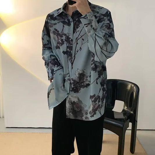 Fashion Street 3D Printed Loose Collar men's Long Sleeve Top Simple Design Floral Pattern Shirt Loose men's Long Sleeve Shirt