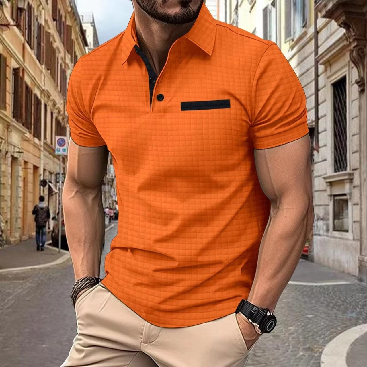 2024 Summer Amazon POLO Shirt lapel button-up Jacquard plaid Men's Sportcasual Breathable polo shirt
