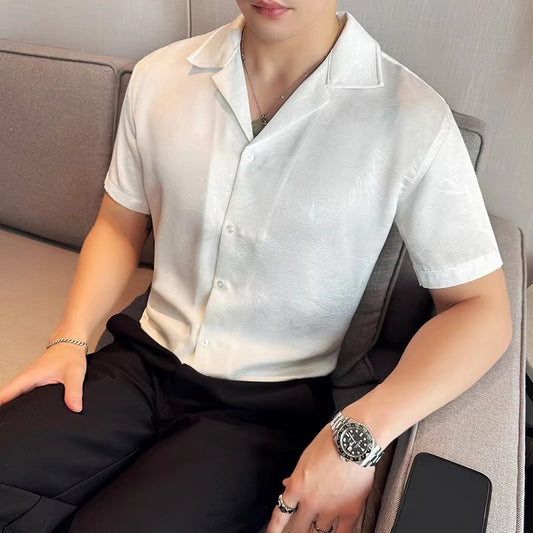 Summer Cuban Collar Personalized Jacquard Shirt for Men Thin Design Silky and Flowing Printed Short Sleeved Shirt 100% Polyester