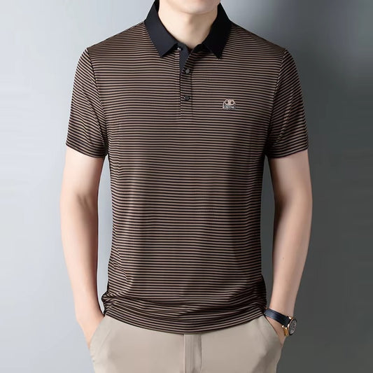 Business Casual Turn-down Collar Men's Summer Striped Embroidery Elastic Fashion Versatile Short Sleeve Slim Polo Shirt Tops
