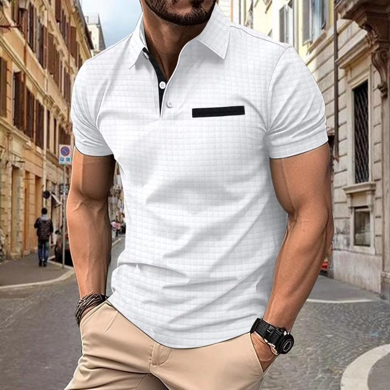 2024 Summer Amazon POLO Shirt lapel button-up Jacquard plaid Men's Sportcasual Breathable polo shirt
