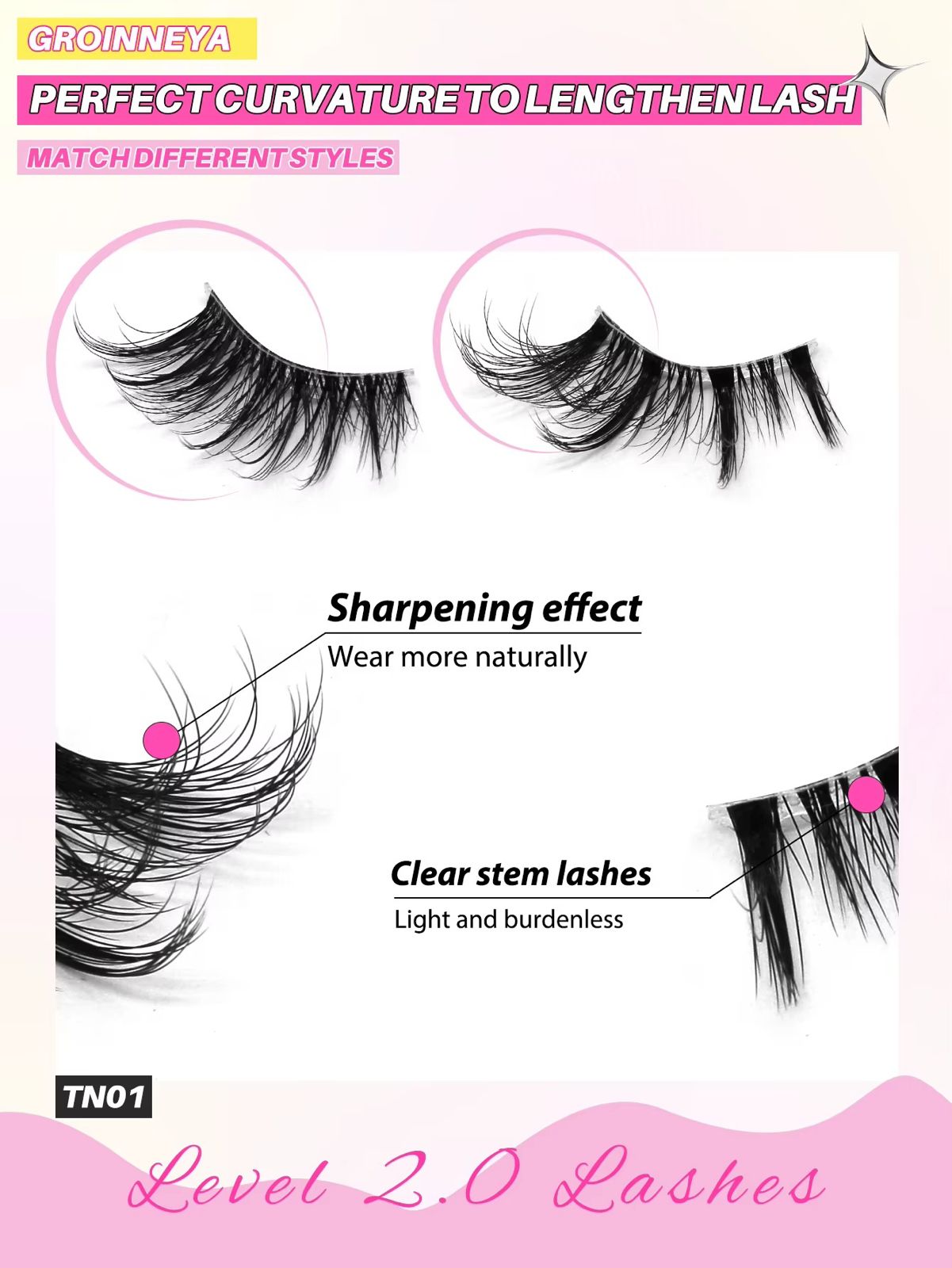 GROINNEYA Mixed Natural Cat Eyelashes Fluffy Half Eye Lashes Natural Long Clear Band Lashes 3D Faux Mink Lashes Extension Makeup