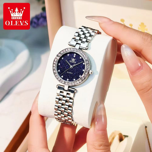OLEVS 3641 Womens Watch Original Elegant Quartz Watch Waterproof Luminous Stainless Steel Starry Dial Ladies Watch With Box Gift