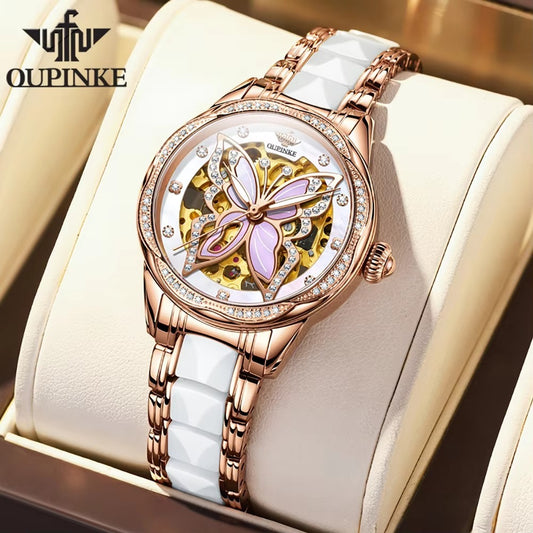 OUPINKE 3239 Original Women's Watches Hollow Out Butterfly Diamond Bezel Automatic Watch for Women Elegant Mechanical Wristwatch