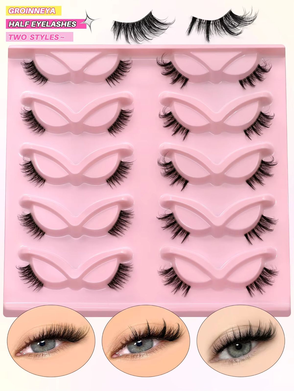 GROINNEYA Mixed Natural Cat Eyelashes Fluffy Half Eye Lashes Natural Long Clear Band Lashes 3D Faux Mink Lashes Extension Makeup