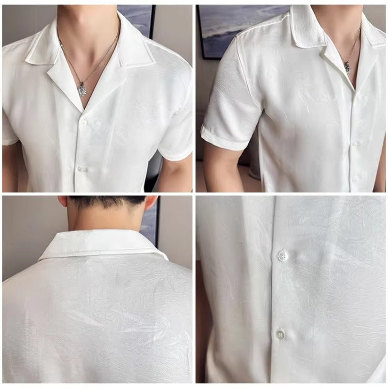 Summer Cuban Collar Personalized Jacquard Shirt for Men Thin Design Silky and Flowing Printed Short Sleeved Shirt 100% Polyester