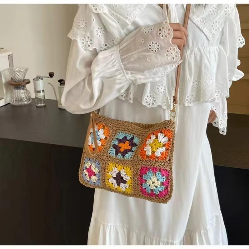 Summer Handmade Hook Retro Flower Crossbody Women's Bag Single Shoulder Paper Rope Crochet Bag Flip Ethnic Style Handbag