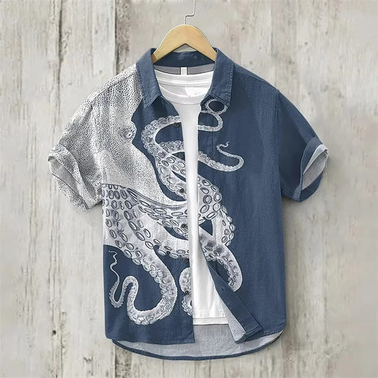 Men's linen shirt fish pattern fashionable casual Hawaiian men's linen shirt HD 100% linen short sleeve large size fast shipping