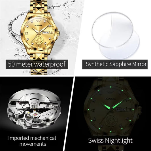 OUPINKE 3259 Real Gold Automatic Mechanical Watch for Women Ladies Hand Clock Original Luxury Tungsten Steel Strap Watch Women