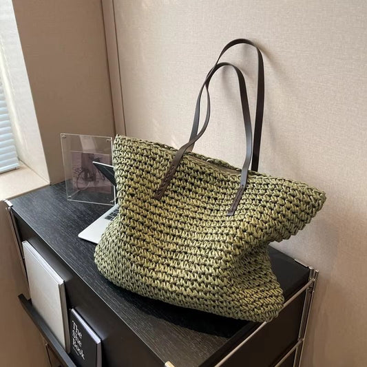 MOODS Luxury Design Straw Woven Tote Bags For Women Large Capacity Shoulder Beach Bag Pure Color Summer New Big Shopping Handbag