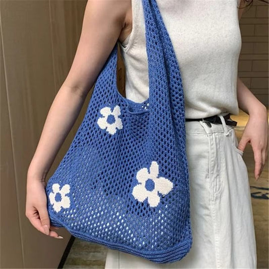 Summer Flower Woven Bag, Mesh Hollow Single Shoulder Bag, Fashion Handbag, Super Cool Women's Knitted Bag ,Travel Beach Bag