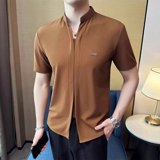 American Style Trendy Summer New Men's Stand Collar Solid Color Smart Casual Simplicity Versatile Short Sleeve Slim T-Shirts Top