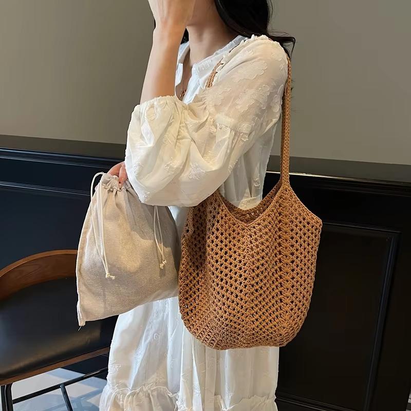 2025 Latest Summer Beach Straw Woven Tote Bag For Women 2-IN-1 Hollow-out Lightweight Large Capacity Shopper Shoulder Bag Female