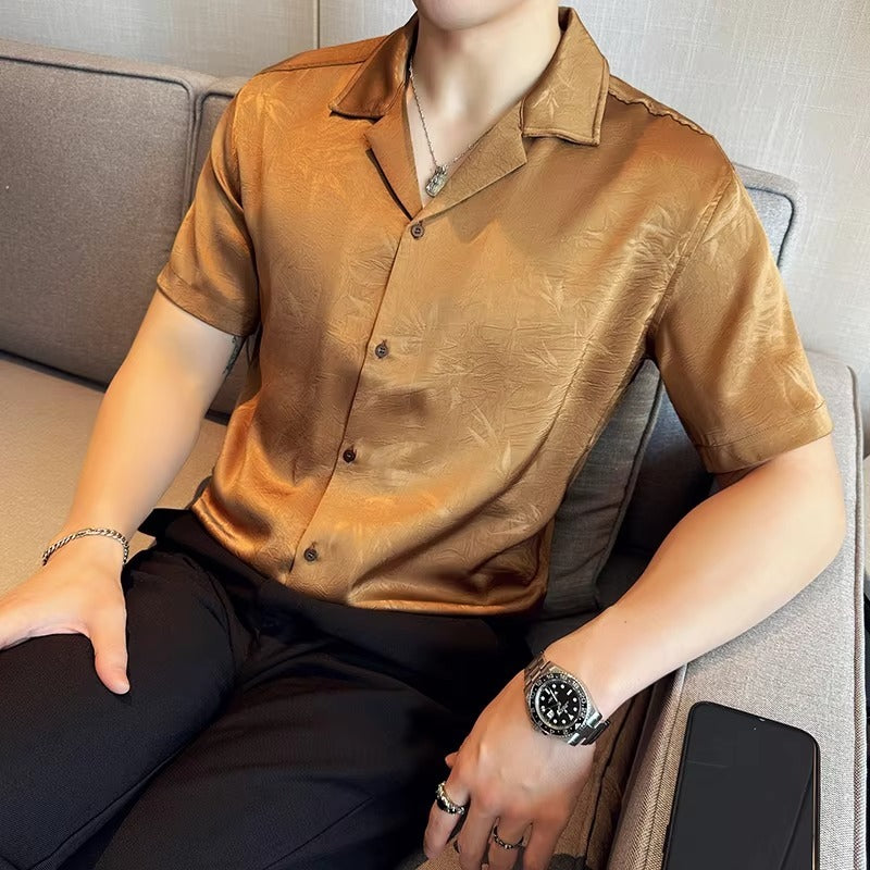 Summer Cuban Collar Personalized Jacquard Shirt for Men Thin Design Silky and Flowing Printed Short Sleeved Shirt 100% Polyester