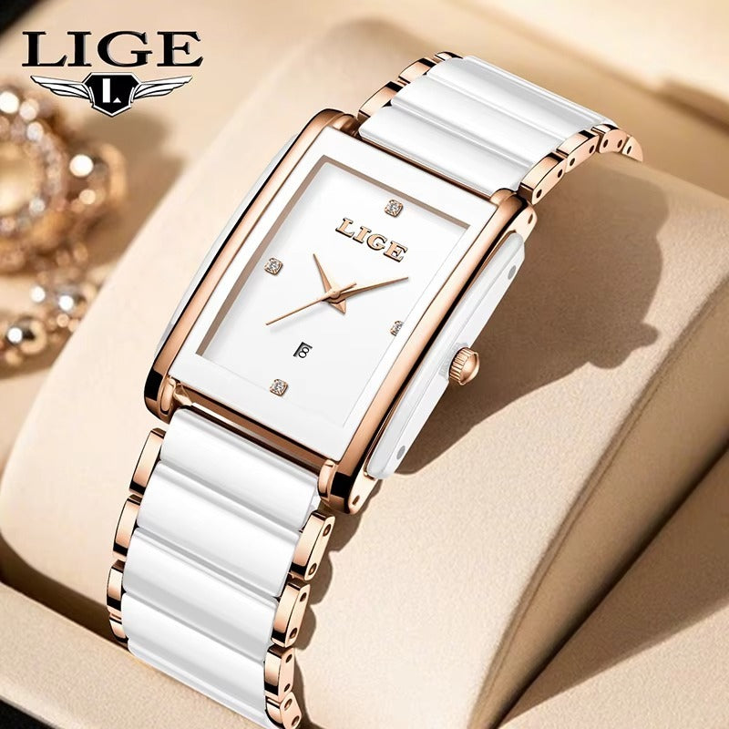 LIGE Women's Watch Retro Luxury Ladies clocks Fashion Ceramic Strap Waterproof quartz wristwatch Watches for Women relogio+BOX