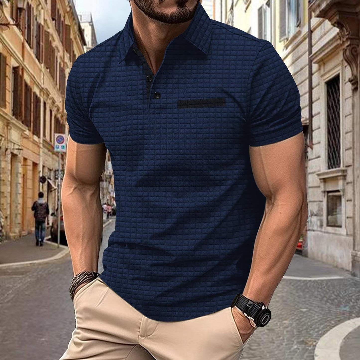 2024 Summer Amazon POLO Shirt lapel button-up Jacquard plaid Men's Sportcasual Breathable polo shirt