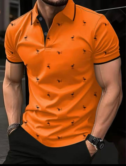 2025 Europe and the United States men's new summer fashion 3D lapel Flamingos fashion printed street short-sleeved top