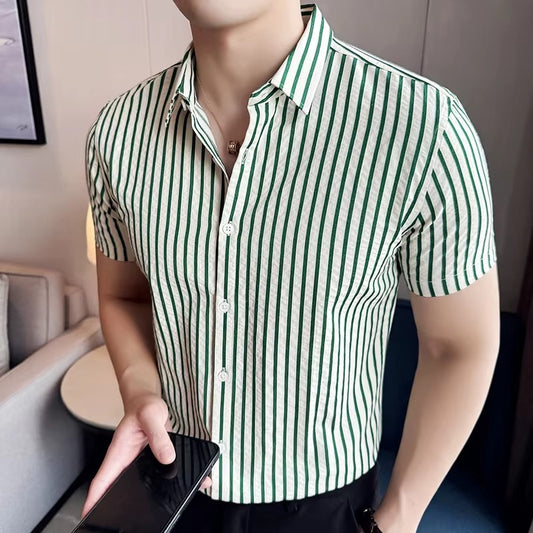 Men Striped Shirt 2024 Summer Light and Thin Breathable Sweat Absorbing Short Sleeved Slim Fit Casual Pleated Shirt Men clothing