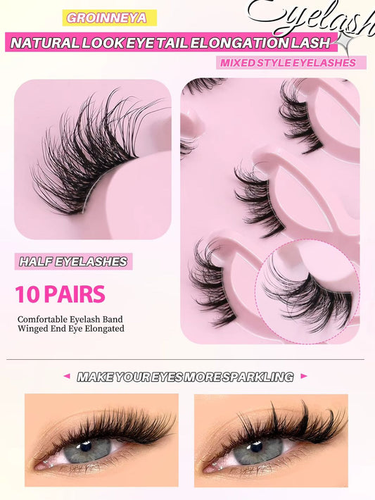 GROINNEYA Mixed Natural Cat Eyelashes Fluffy Half Eye Lashes Natural Long Clear Band Lashes 3D Faux Mink Lashes Extension Makeup