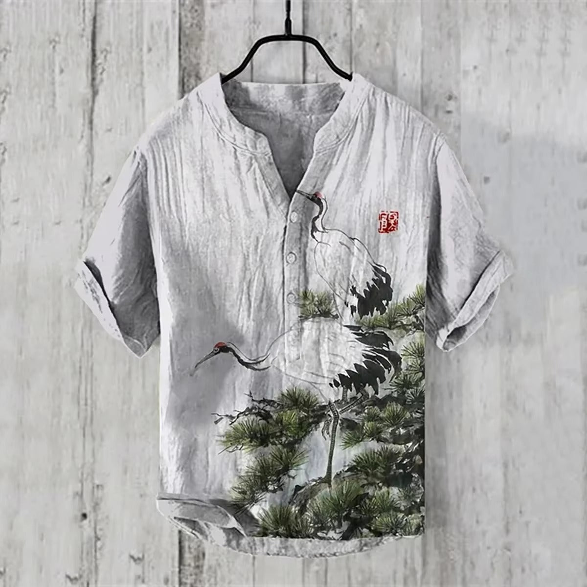 Fashion Men's Retro Line Shirt Men's Vacation Short Sleeve Shirt Loose Street Hip Hop Beach Casual Shirt 100% Line